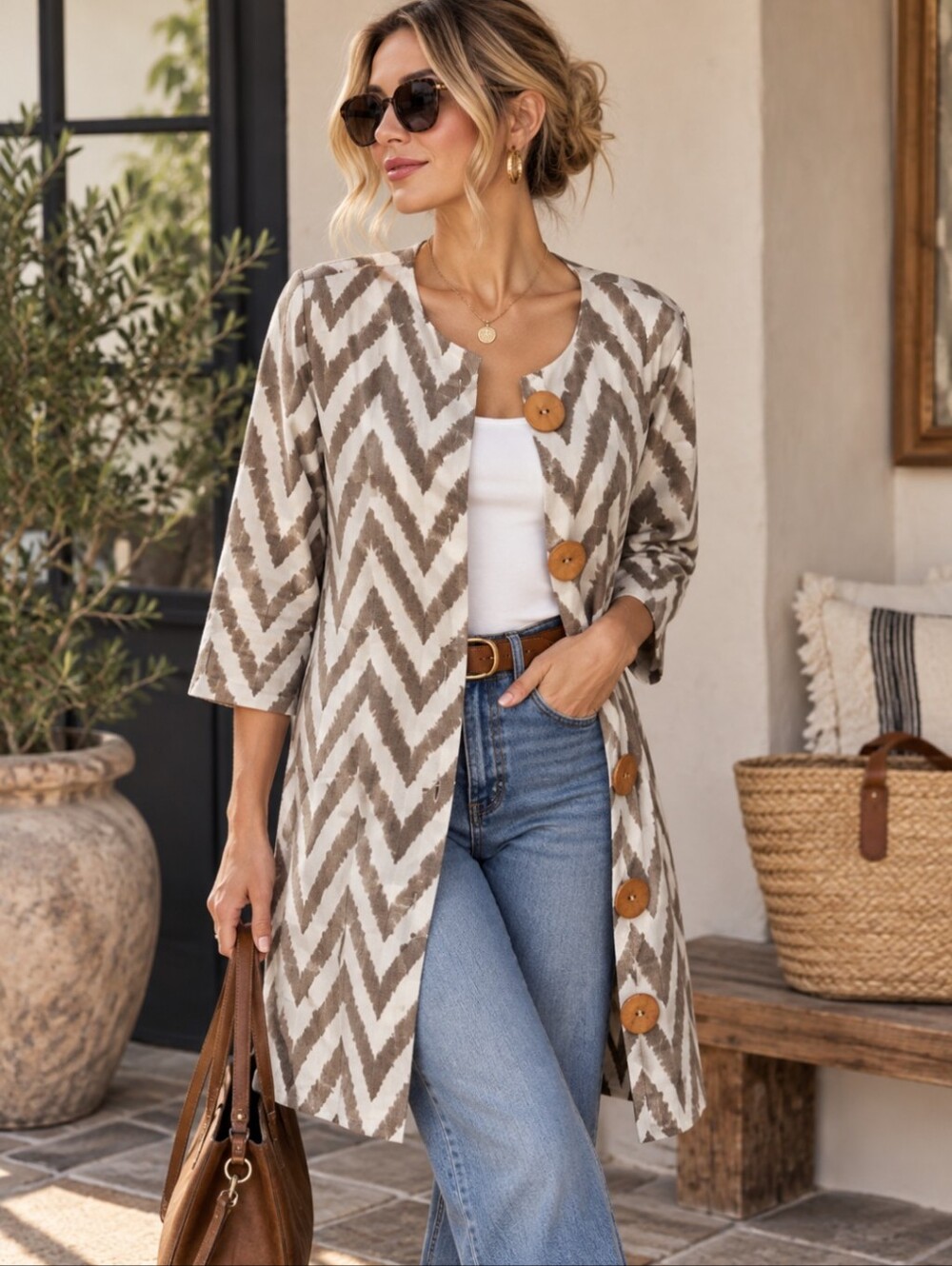 Painted Pony Chevron Cotton Neutral Duster Blazer Jacket Old Money NWT USA Sz S